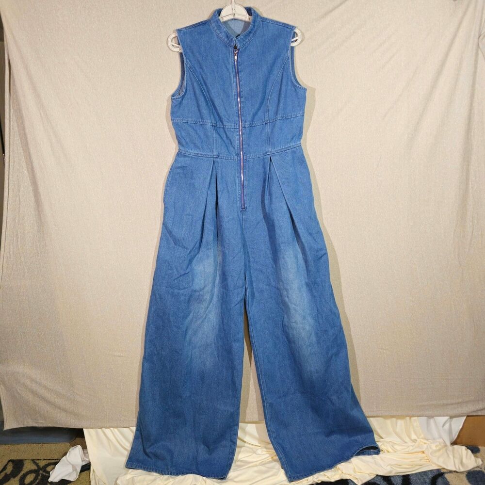 Unbranded Sleeveless Zip Front Wide Leg Denim Jumpsuit in Medium Wash L
